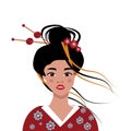 Pop art face of an oriental lady. A young beautiful Japanese woman in a kimono, with red lips, with a high hairdo Royalty Free Stock Photo