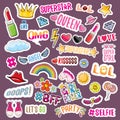 Pop art fashion girls patchs, color stickers, badges and funky labels set isolated on violet background. Social media Royalty Free Stock Photo