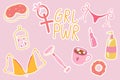 Pop art fashion girls party patchs, color stickers. Girls stuff like makeup, lipstick, sleep mask, coffee mug, underwear, donut, Royalty Free Stock Photo