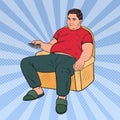 Pop Art Fat Man Watching TV with Remote Controller. Unhealthy Food Royalty Free Stock Photo