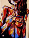 Pop art female breast, hand. Painting for men. Royalty Free Stock Photo