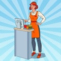 Pop Art Female Cashier Takes the Order. Fast Food Restaurant Worker