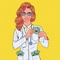 Pop Art Female Corrupt Doctor Put Money into Pocket. Corruption Concept