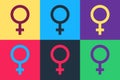Pop art Female gender symbol icon isolated on color background. Venus symbol. The symbol for a female organism or woman