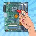 Pop Art Female Hand of Computer Engineer Repairing CPU on Motherboard. Maintenance PC Hardware Upgrade