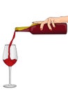 Pop art female hand pours from the bottle into a glass of red wine. Vector, imitation comic style. Object on a white