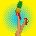 Pop art female legs in red shoes on high heels with pineapple. C Royalty Free Stock Photo