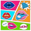 Pop art. Female lips abstract card. Woman mouth with bright lipstick with speech bubbles, trendy girl face part, sexy Royalty Free Stock Photo