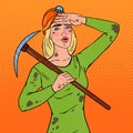 Pop Art Female Miner in Helmet with Pickaxe. Coal Industry Worker