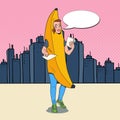 Pop Art Female Promoter with Advertising Flyers. Woman in Banana Costume. Teenage Cheerful Girl Promoting Something