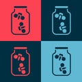 Pop art Fireflies bugs in a jar icon isolated on color background. Vector