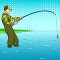 Pop art fisherman standing in water and fighting fish. Pool of a stream. Comic book style imitation. Vintage retro style