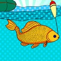 Pop art fishing. Fish caught on the hook. Carp is close to the camera. Image Comic book style imitation