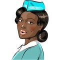 Pop art flight attendant, stewardess comic vector on white