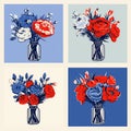 Pop Art Floral Set: Classic Still Life Compositions In Red, Blue, And White