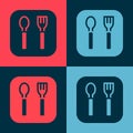 Pop art Fork and spoon icon isolated on color background. Cooking utensil. Cutlery sign. Vector Royalty Free Stock Photo