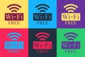 Pop art Free Wi-fi icon isolated on color background. Wi-fi symbol. Wireless Network icon. Wi-fi zone. Vector Royalty Free Stock Photo