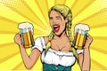 Pop art Germany Girl waitress carries beer glasses. Oktoberfest celebration. Royalty Free Stock Photo