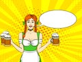 Pop art Germany Girl waitress carries five beer glasses. Concept oktoberfest. Comic book style imitation. Text bubble. Royalty Free Stock Photo