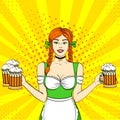 Pop art Germany Girl waitress carries five beer glasses. Concept oktoberfest. Comic book style imitation. Royalty Free Stock Photo