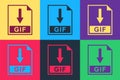 Pop art GIF file document icon. Download GIF button icon isolated on color background. Vector Royalty Free Stock Photo