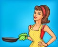 Pop art girl in an apron holding a frying pan.