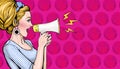 Pop art girl with megaphone. Woman with loudspeaker. Advertising poster with lady announcing discount or sale. Royalty Free Stock Photo