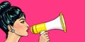 Pop art girl with megaphone. Woman with loudspeaker. Advertising poster with lady announcing discount or sale. Royalty Free Stock Photo