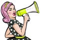 Pop art girl with megaphone. Woman with loudspeaker.