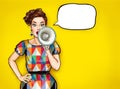 Pop art girl with megaphone. Woman with loudspeaker. Royalty Free Stock Photo