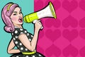 Pop art girl with megaphone. Woman with loudspeaker. Girl announcing discount or sale. Shopping time. Royalty Free Stock Photo