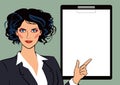 Pop art girl mockup and blank sheet for text. Beautiful business woman in a gray business suit
