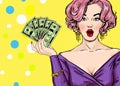 Pop Art girl with the money. Pop Art girl. Birthday greeting card. Hollywood movie star. Vintage advertising poster. Fashion woman Royalty Free Stock Photo