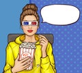 Pop art girl with popcorn watching 3D movie Royalty Free Stock Photo