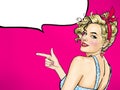 Pop Art girl showing something. Fnger pointing smiling woman. Royalty Free Stock Photo