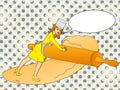 Pop art girl small. Women working in her confectionery, roll out the dough with a rolling pin. Raster comic style. Text