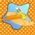 Pop art girl small. Women working in her confectionery, roll out the dough with a rolling pin. Raster imitation comic