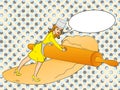 Pop art girl small. Women working in her confectionery, roll out the dough with a rolling pin. Vector comic style. Text