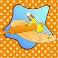 Pop art girl small. Women working in her confectionery, roll out the dough with a rolling pin. Vector imitation comic