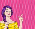 Pop Art girl with the speech bubble.Pop Art girl. Party invitation. Birthday greeting card.Hollywood movie star. Royalty Free Stock Photo