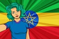 Pop art girl with unicorn color hair style. Young fan girl makes selfie before the national flag of Ethiopia. Vector sport illustr