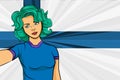 Pop art girl with unicorn color hair style. Young fan girl makes selfie before the national flag of Finland. Vector sport illustra