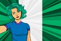Pop art girl with unicorn color hair style. Young fan girl makes selfie before the national flag of Nigeria. Vector sport illustra