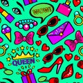 Pop Art Girlish Fashion Sticker Background Pattern on a Green . Vector