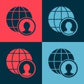 Pop art Globe and people icon isolated on color background. Global business symbol. Social network icon. Vector Royalty Free Stock Photo