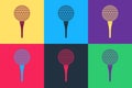 Pop art Golf ball on tee icon isolated on color background. Vector Royalty Free Stock Photo