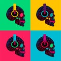 Pop art graffiti halftone skull icons with headphones. Music background vector illustration