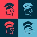 Pop art Greek helmet icon isolated on color background. Antiques helmet for head protection soldiers with a crest of