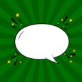 Pop art green background with comic speech bubble. Retro sunburst with drawing cloud for speak text. Sketch balloon for word.