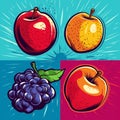 Pop Art grunge style fruit poster. Collection of retro fruits.
